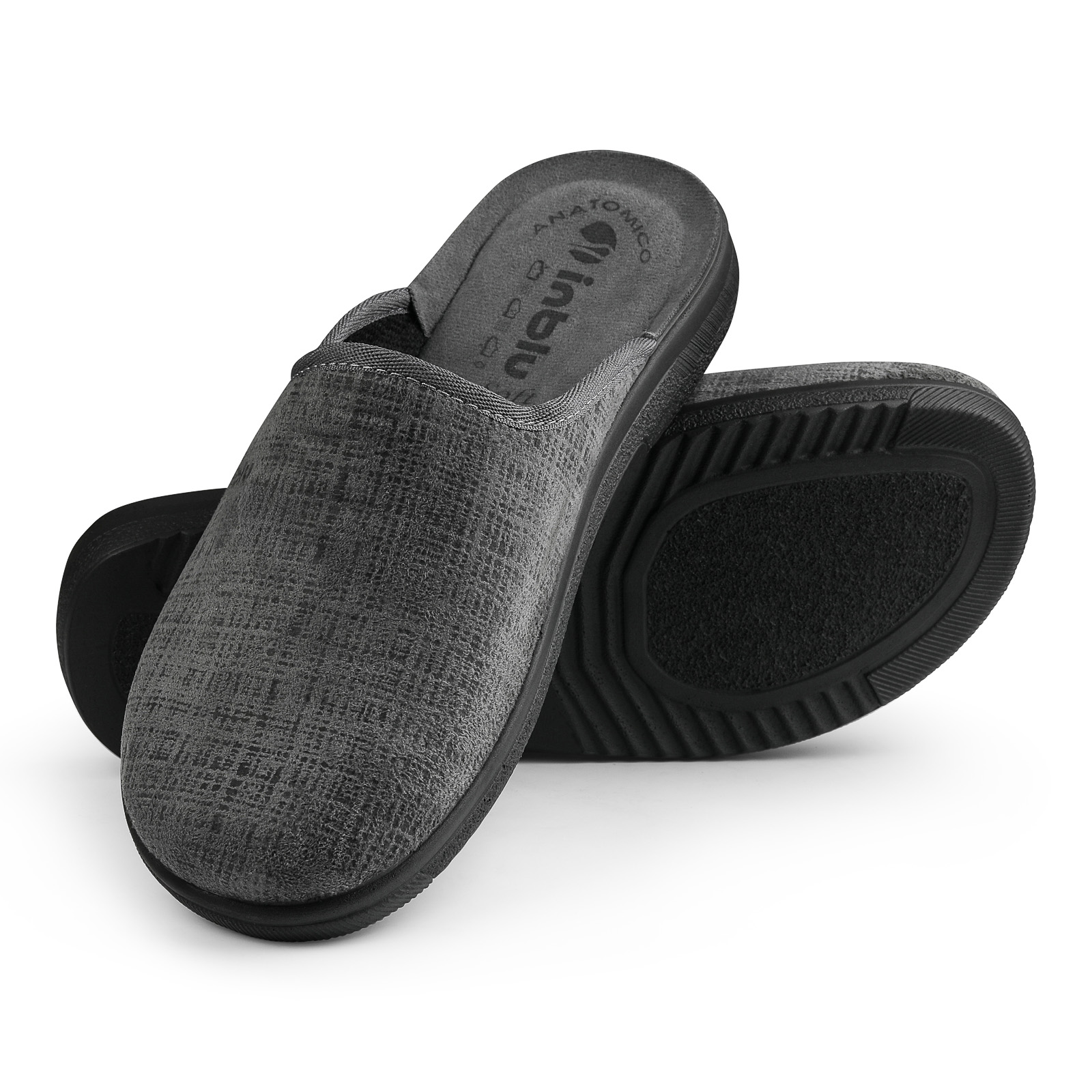 Pantofole Uomo Mules In Pile &ndash; Suola Rigida Antiscivolo &ndash; Taglie 7-11 &ndash; Colore Grigio/Navy